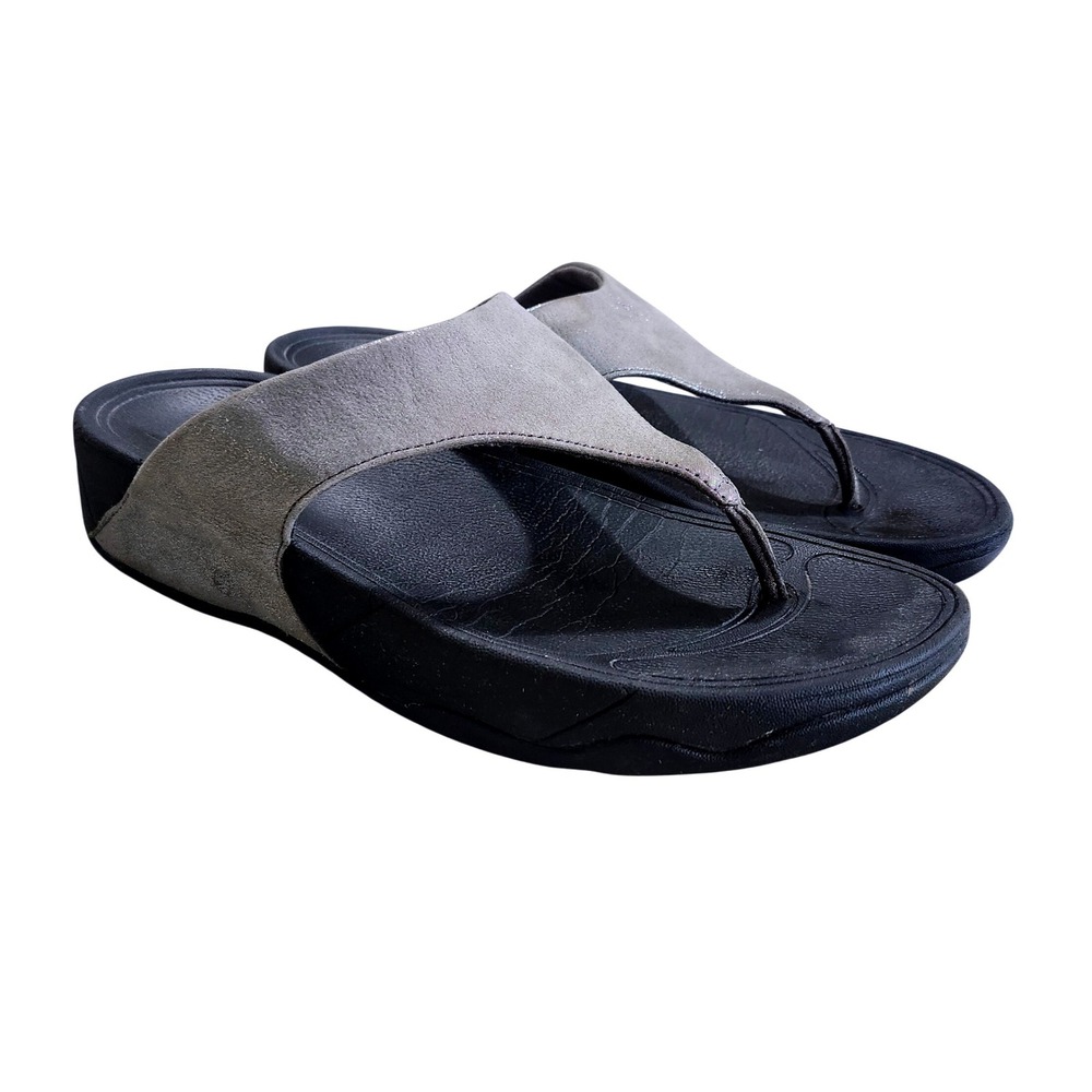 FitFlop Lulu Shimmer Thong Sandals Womens 8 Silver Metallic Wedge Flip Flops